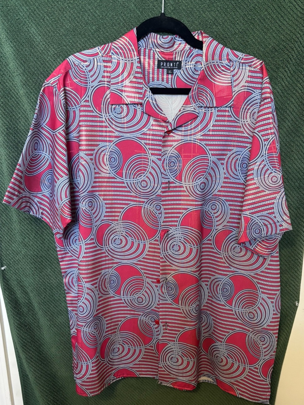 Pronti Uomo Mens XL Short Sleeve Button Up Shirt Pink Blue Geometric Swirl